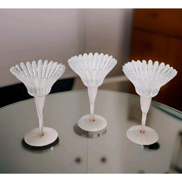 Rare Set of 3 Glass Crystal Flower Candleholders Scalloped Daisy Tealights EUC